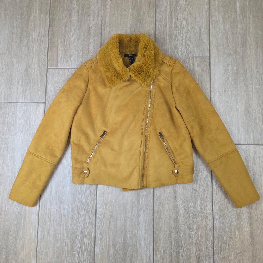 Forever 21 Moto Jacket Womens L Mustard Faux Suede Shearling Fur Biker NWT - Picture 9 of 12